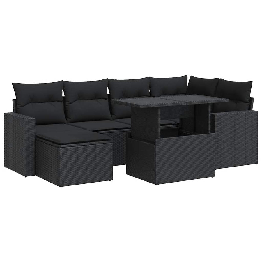 7-delige Loungeset met kussens poly rattan zwart