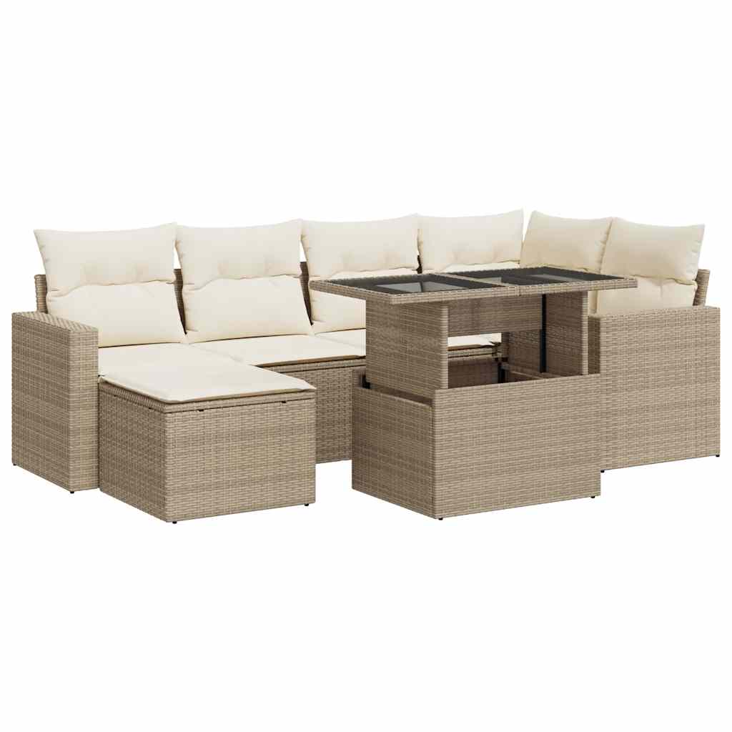 7-delige Loungeset met kussens poly rattan beige