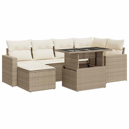 7-delige Loungeset met kussens poly rattan beige