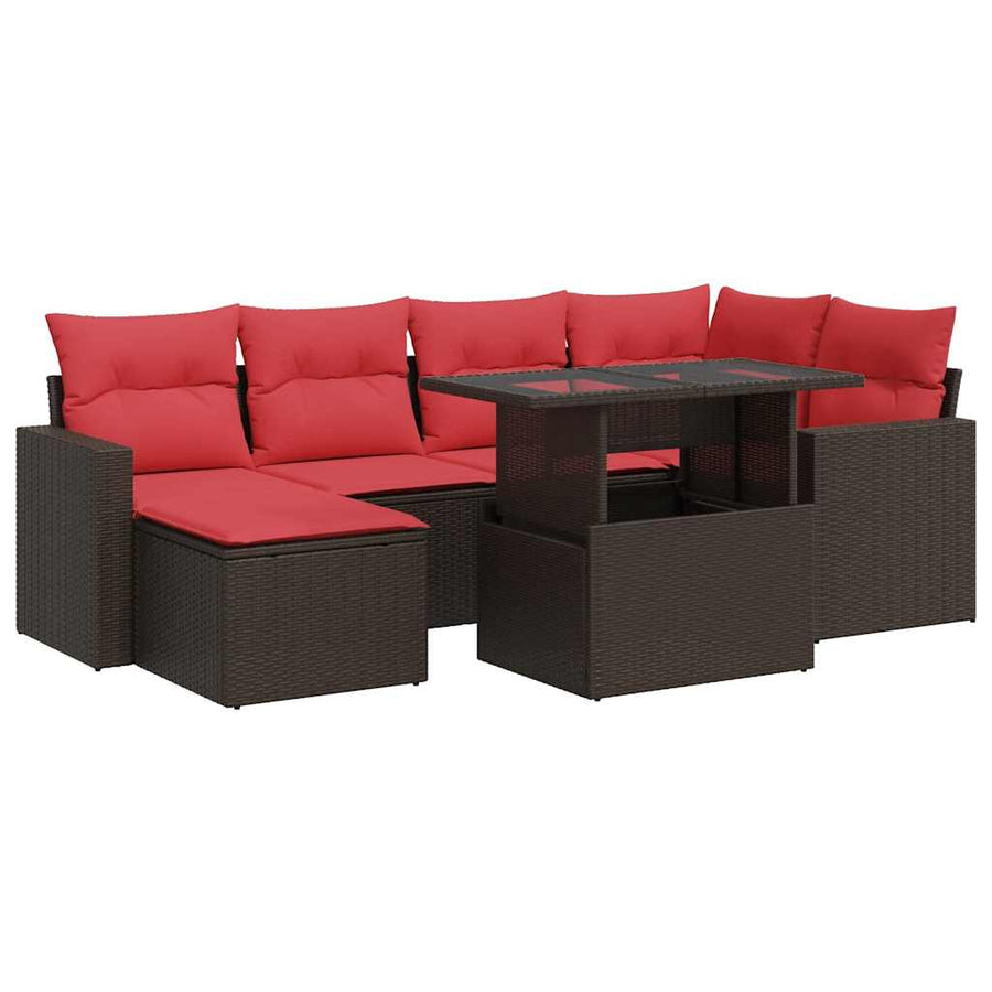 7-delige Loungeset met kussens poly rattan acacia bruin