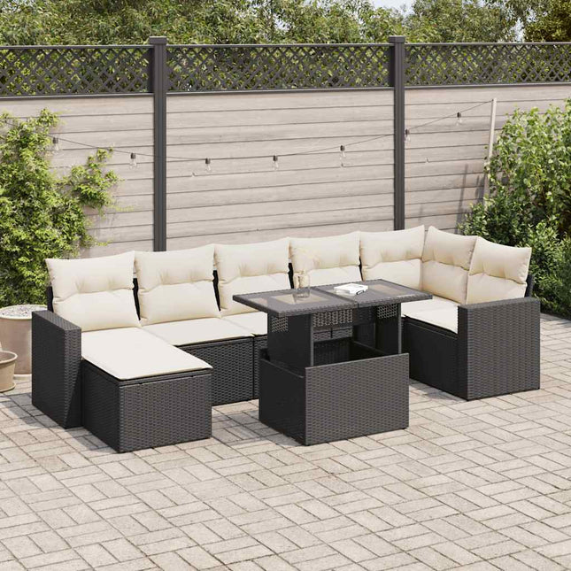 8-delige Loungeset met kussens poly rattan zwart