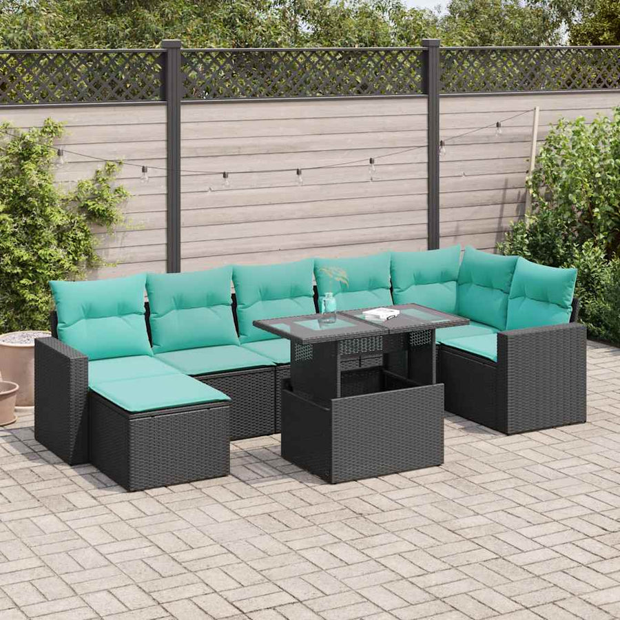 8-delige Loungeset met kussens poly rattan acacia zwart