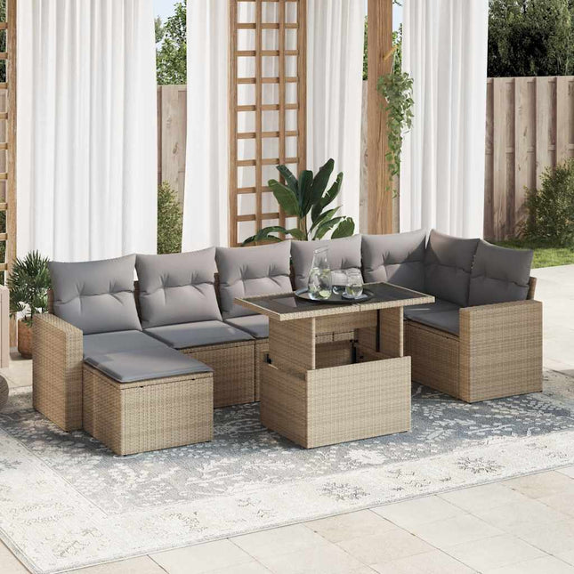 8-delige Loungeset met kussens poly rattan beige