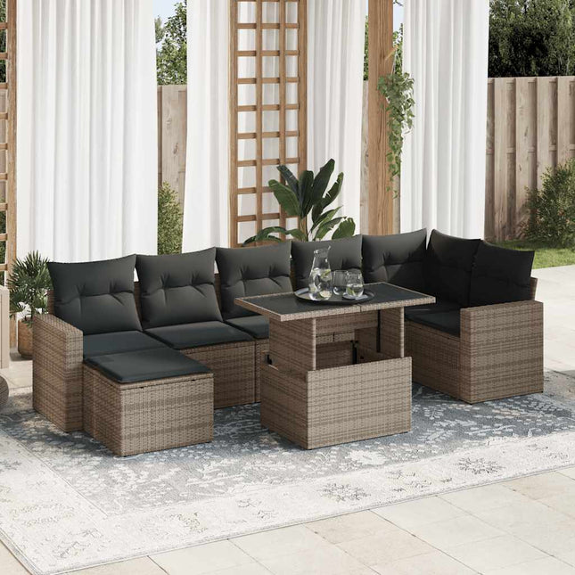 8-delige Loungeset met kussens poly rattan grijs