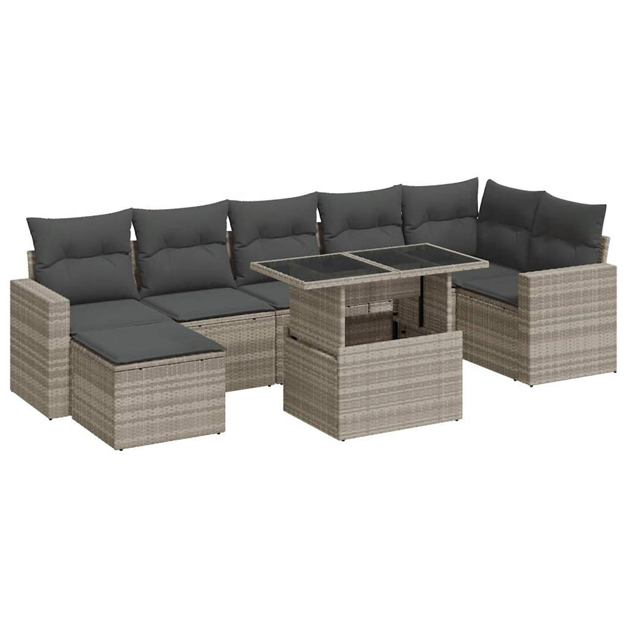 8-delige Loungeset met kussens poly rattan lichtgrijs