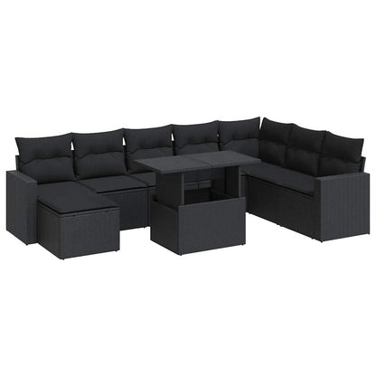 9-delige Loungeset met kussens poly rattan zwart