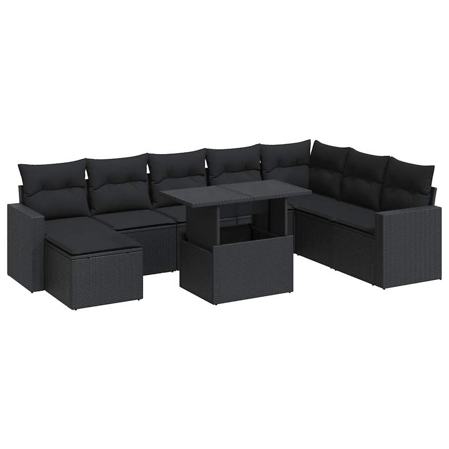 9-delige Loungeset met kussens poly rattan zwart