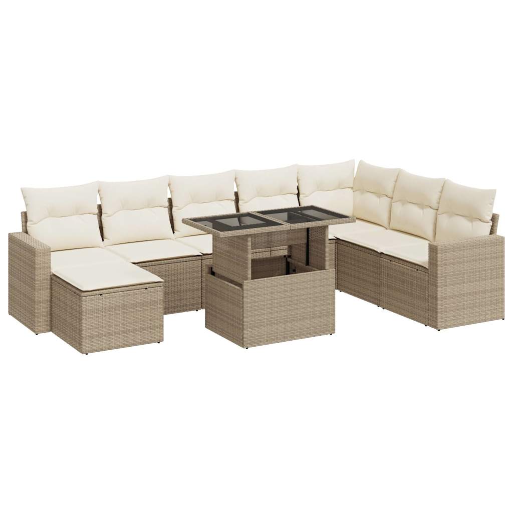 9-delige Loungeset met kussens poly rattan beige
