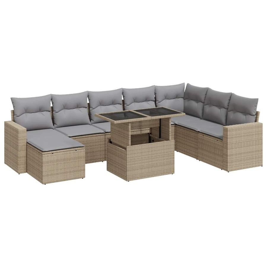 9-delige Loungeset met kussens poly rattan beige