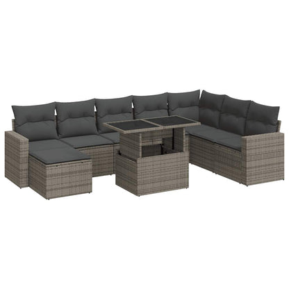 9-delige Loungeset met kussens poly rattan grijs