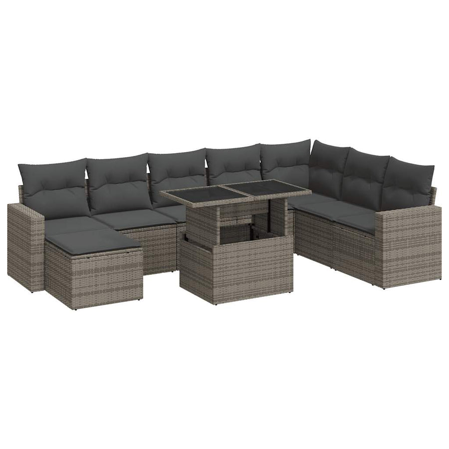 9-delige Loungeset met kussens poly rattan grijs