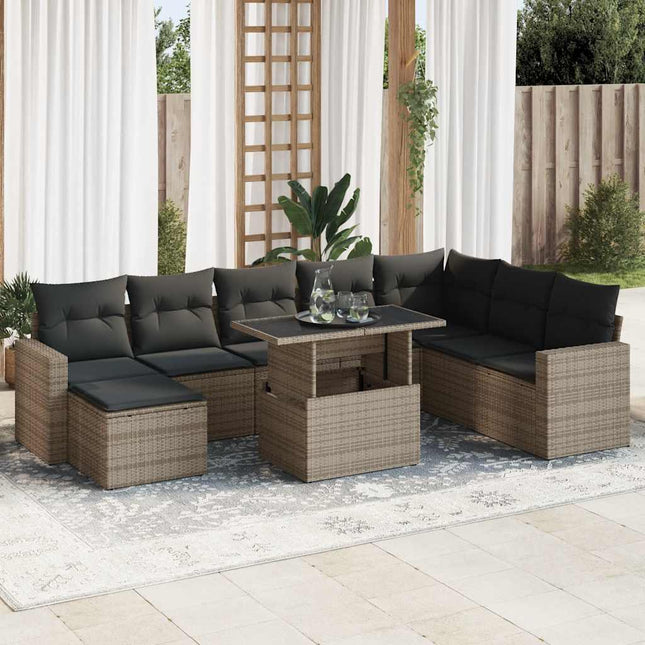 9-delige Loungeset met kussens poly rattan grijs