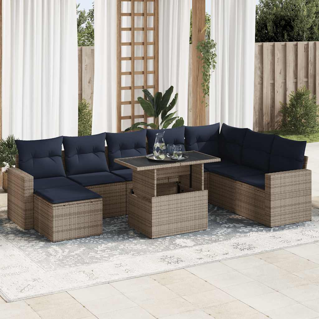 9-delige tuinbankset met kussens, grijs polyrotan acacia