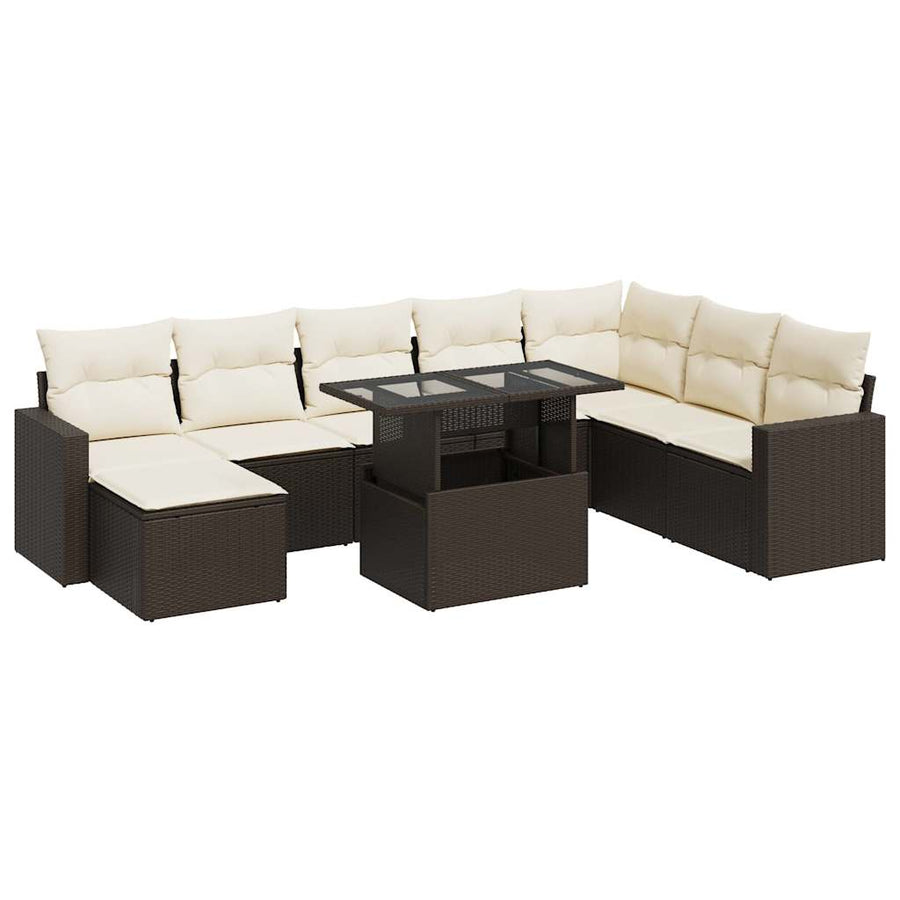 9-delige Loungeset met kussens poly rattan bruin