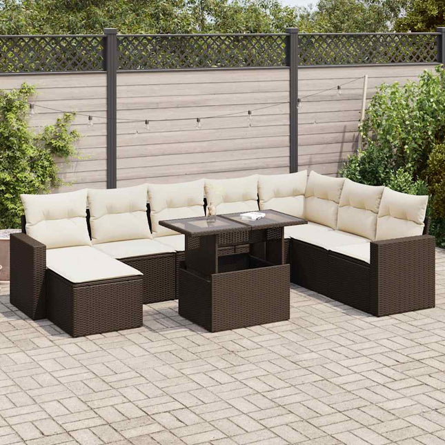 9-delige Loungeset met kussens poly rattan bruin