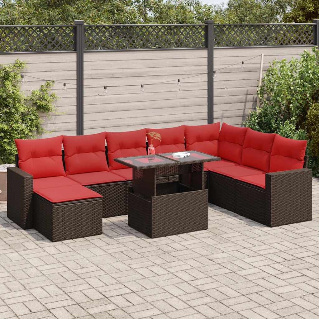 9-delige Loungeset met kussens poly rattan acacia bruin