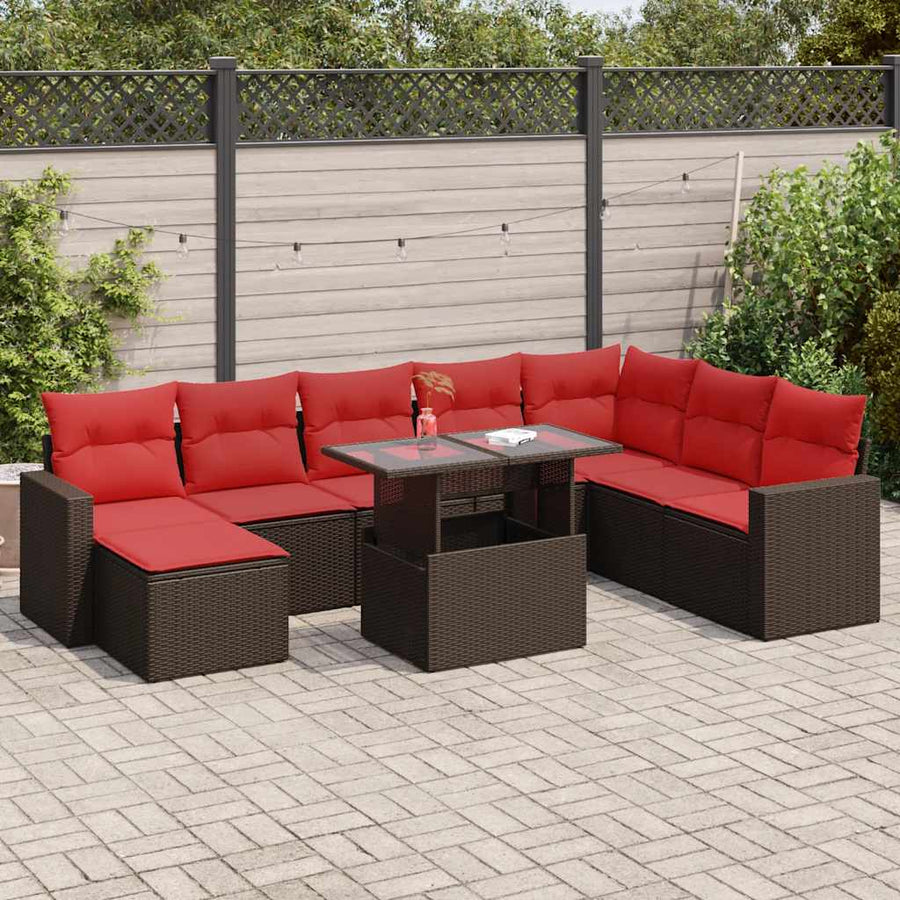 9-delige Loungeset met kussens poly rattan acacia bruin