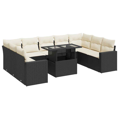 10-delige Loungeset met kussens poly rattan zwart