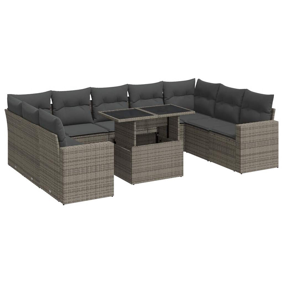 10-delige Loungeset met kussens poly rattan grijs