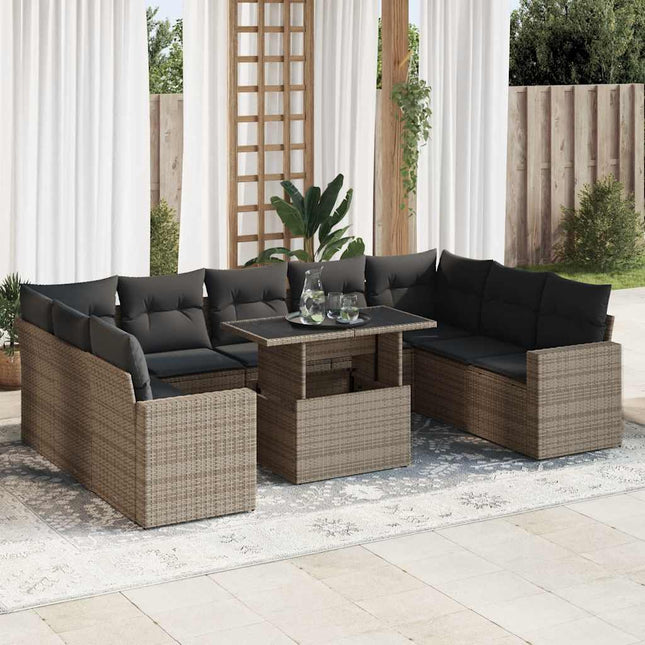 10-delige Loungeset met kussens poly rattan grijs