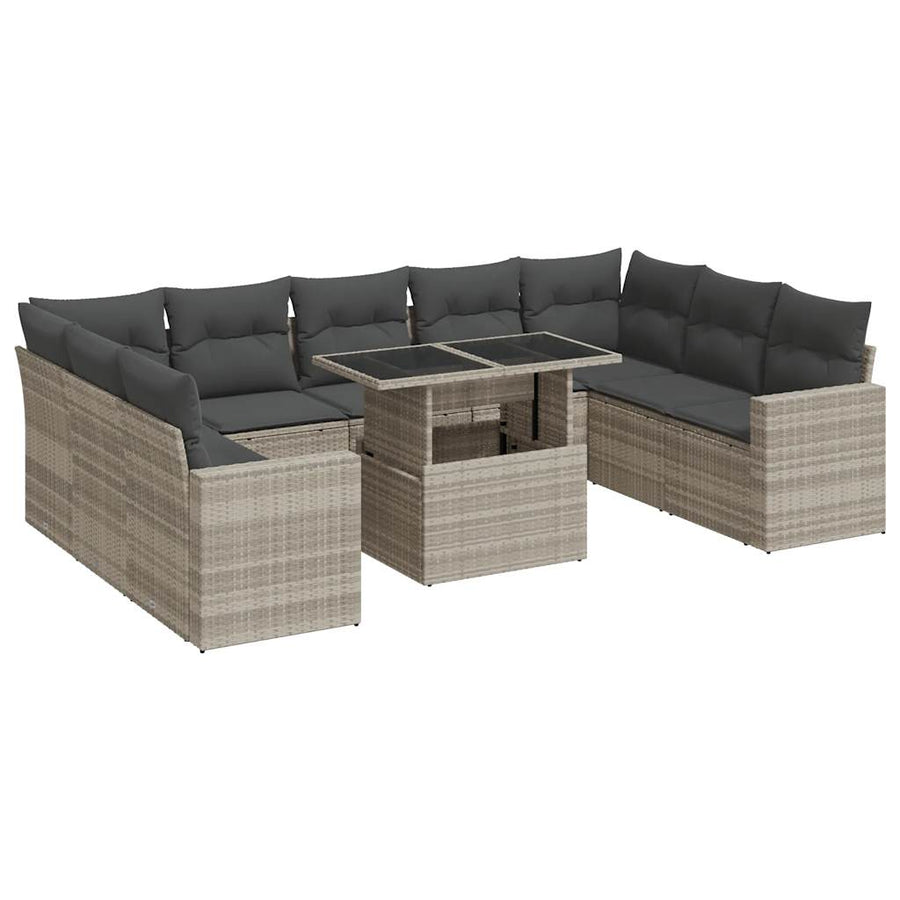 10-delige Loungeset met kussens poly rattan lichtgrijs