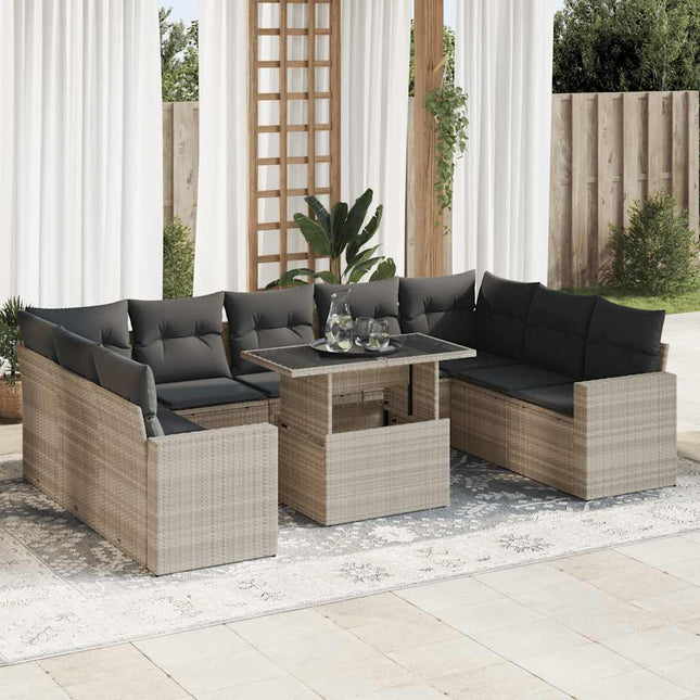 10-delige Loungeset met kussens poly rattan lichtgrijs