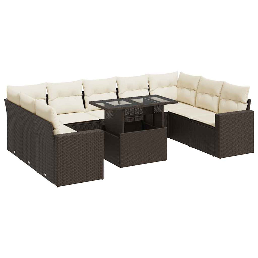10-delige Loungeset met kussens poly rattan bruin