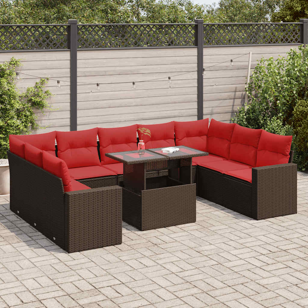 10-delige tuinbankset met kussens, bruin polyrotan en acacia