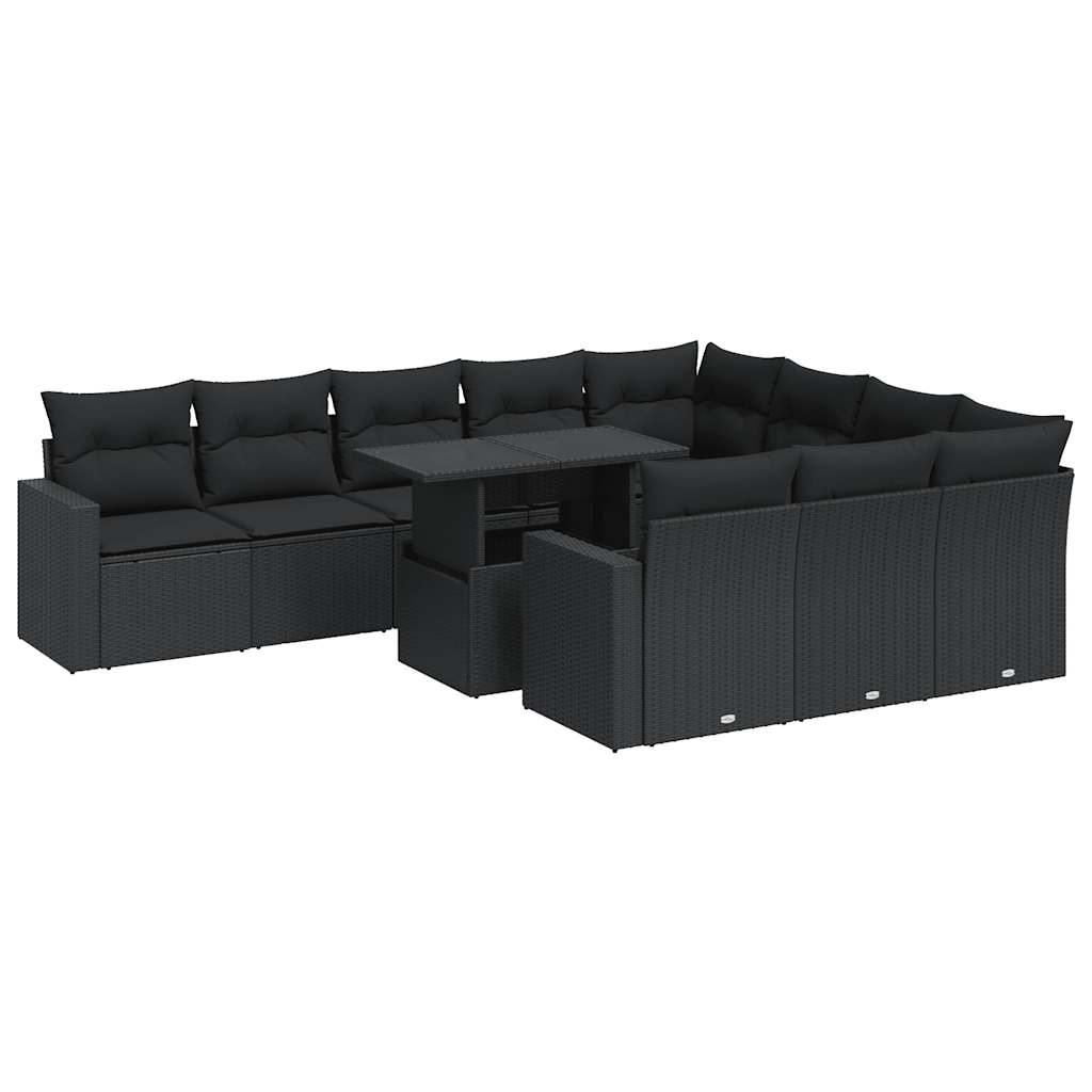 11-delige Loungeset met kussens poly rattan zwart
