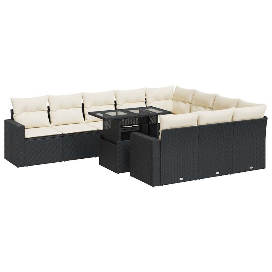 11-delige Loungeset met kussens poly rattan zwart