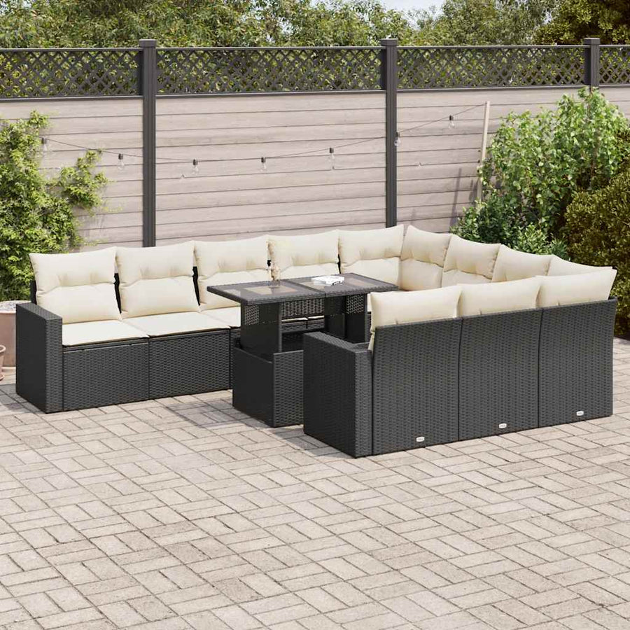 11-delige Loungeset met kussens poly rattan zwart