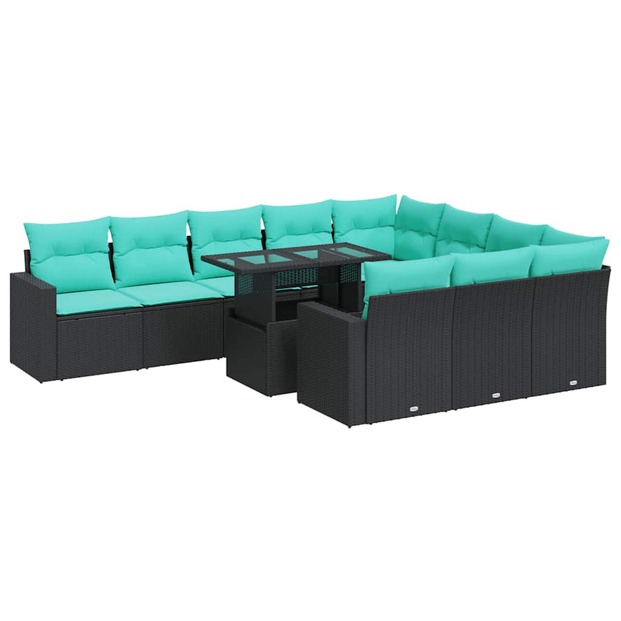 11-delige Loungeset met kussens poly rattan acacia zwart
