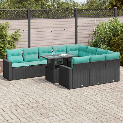 11-delige Loungeset met kussens poly rattan acacia zwart