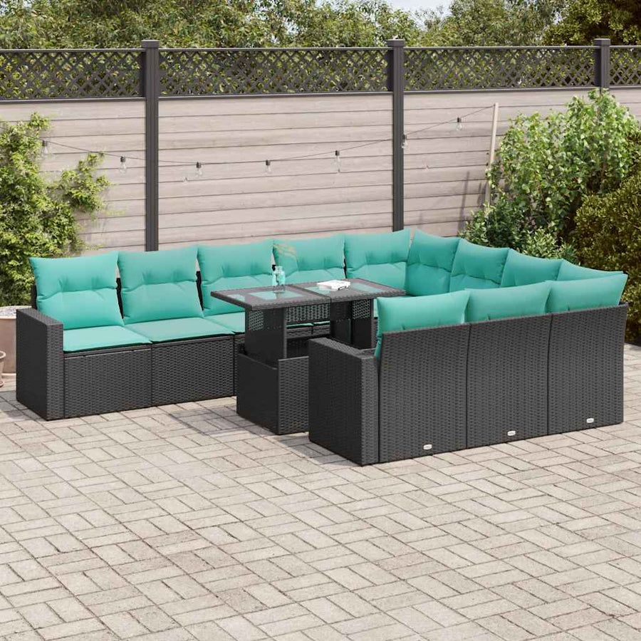 11-delige Loungeset met kussens poly rattan acacia zwart