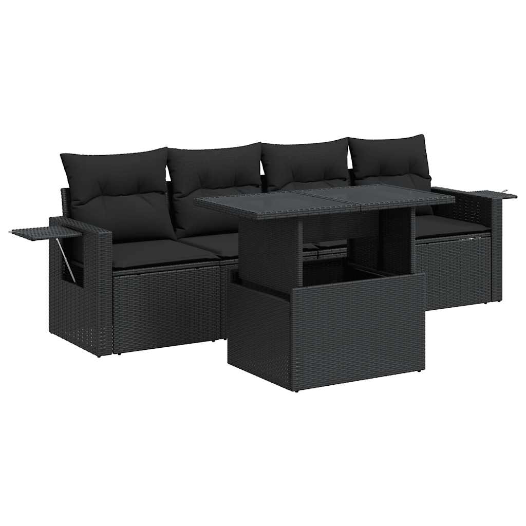 5-delige Loungeset met kussens poly rattan zwart