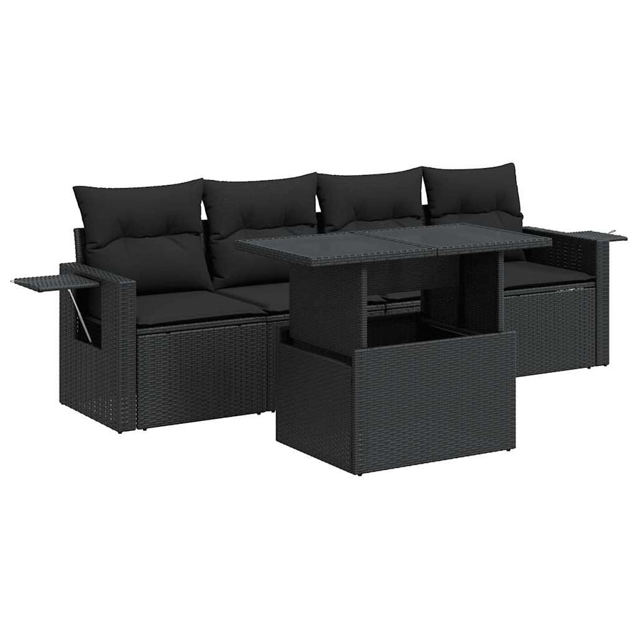 5-delige Loungeset met kussens poly rattan zwart