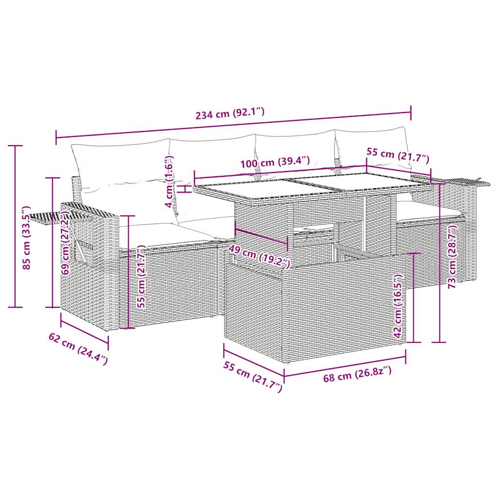 5-delige Loungeset met kussens poly rattan zwart