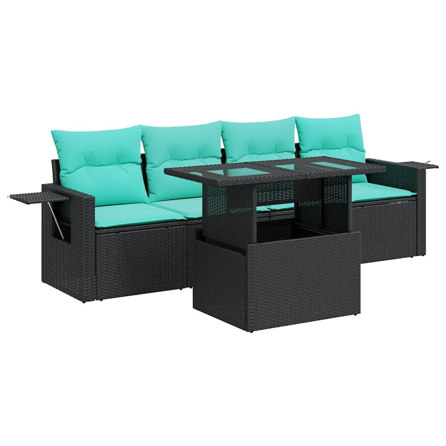 5-delige Loungeset met kussens poly rattan acacia zwart