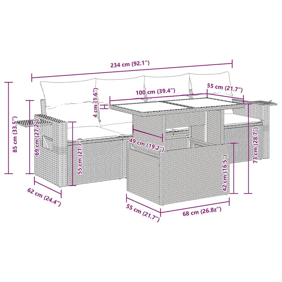 5-delige Loungeset met kussens poly rattan acacia zwart
