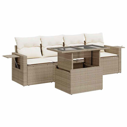 5-delige Loungeset met kussens poly rattan beige