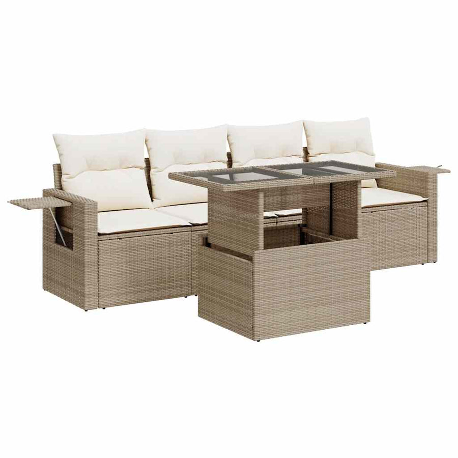 5-delige Loungeset met kussens poly rattan beige