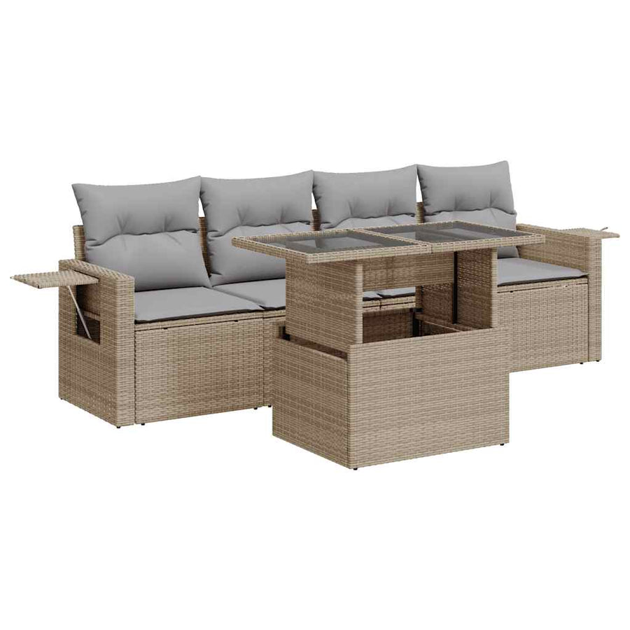 5-delige Loungeset met kussens poly rattan beige