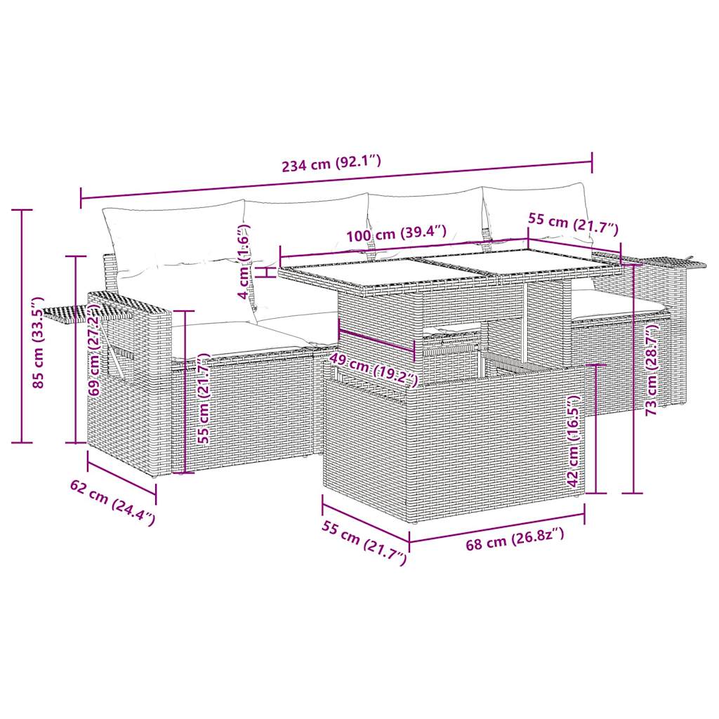5-delige Loungeset met kussens poly rattan grijs