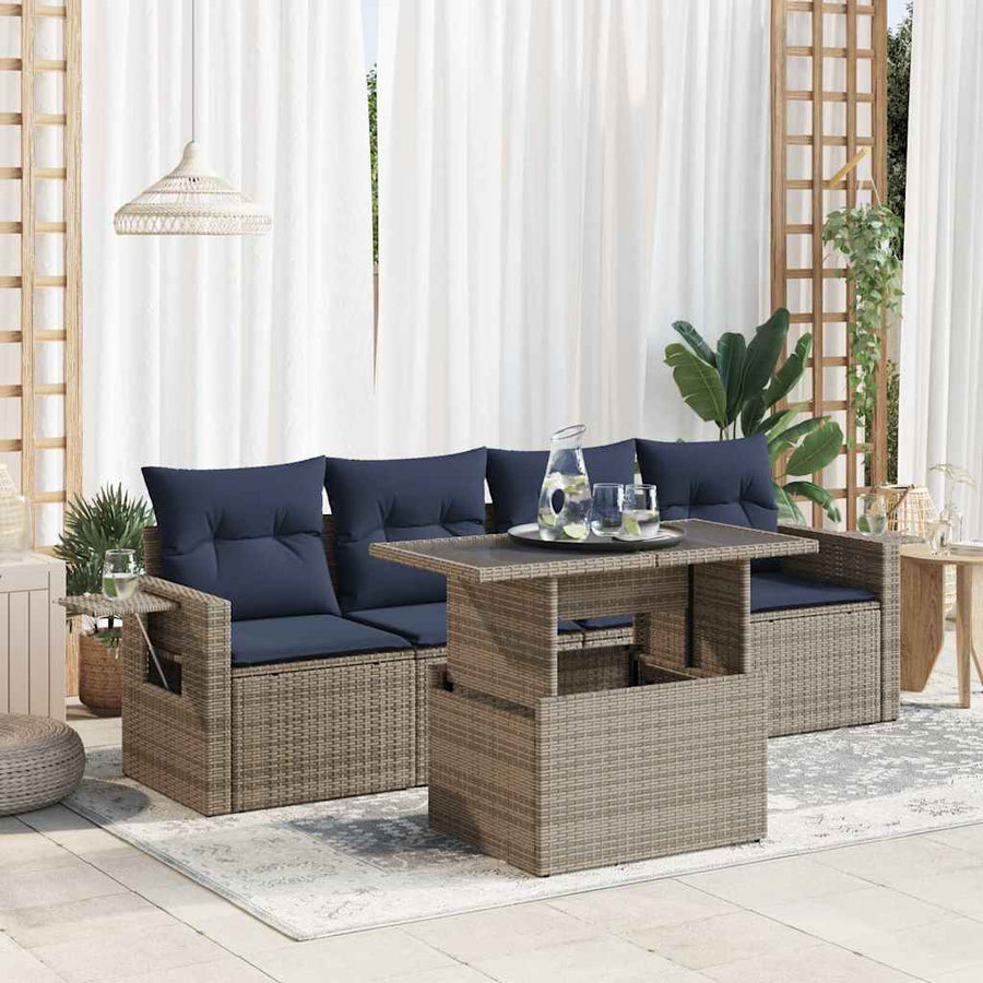 5-delige Loungeset met kussens poly rattan acacia zwart