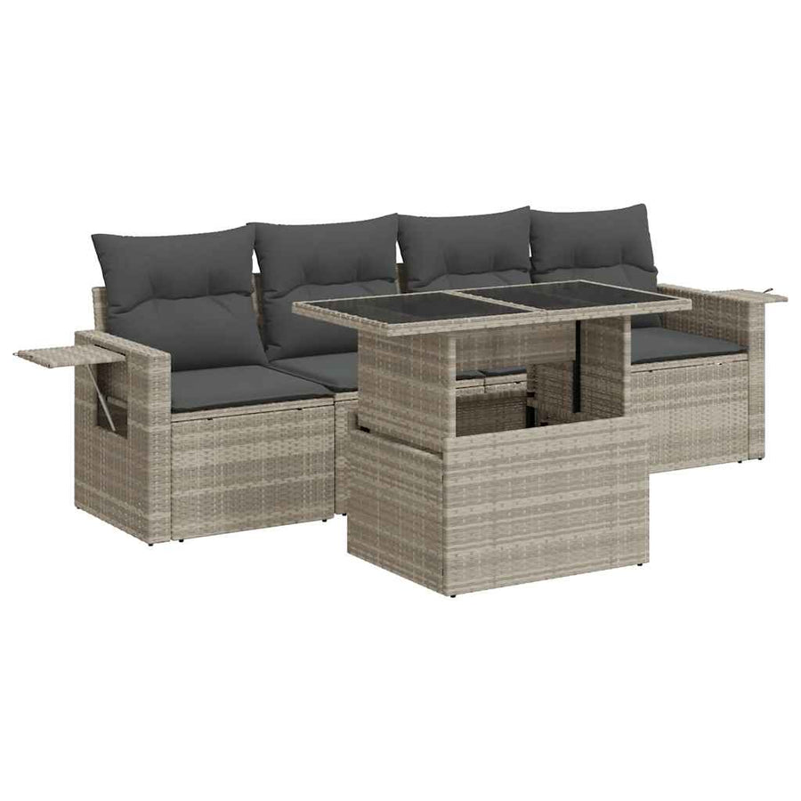 5-delige Loungeset met kussens poly rattan lichtgrijs