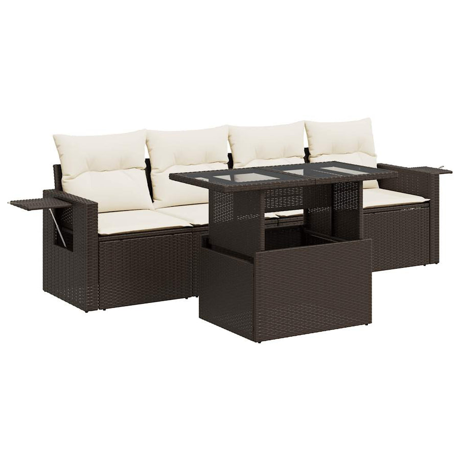 5-delige Loungeset met kussens poly rattan bruin