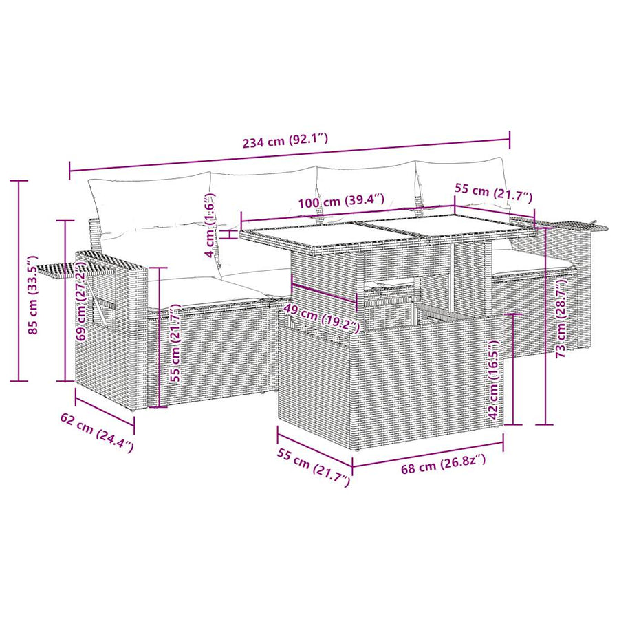 5-delige Loungeset met kussens poly rattan bruin