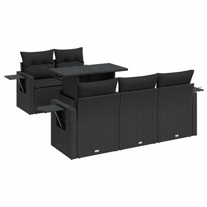 6-delige Loungeset met kussens poly rattan zwart