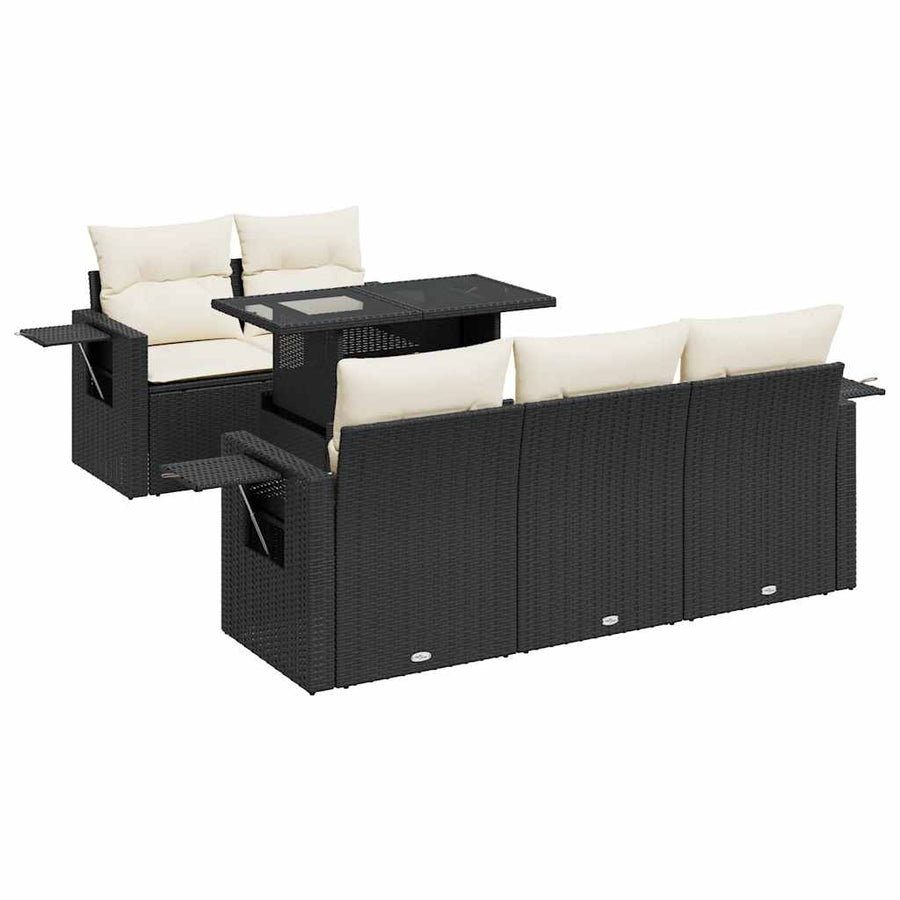 6-delige Loungeset met kussens poly rattan zwart