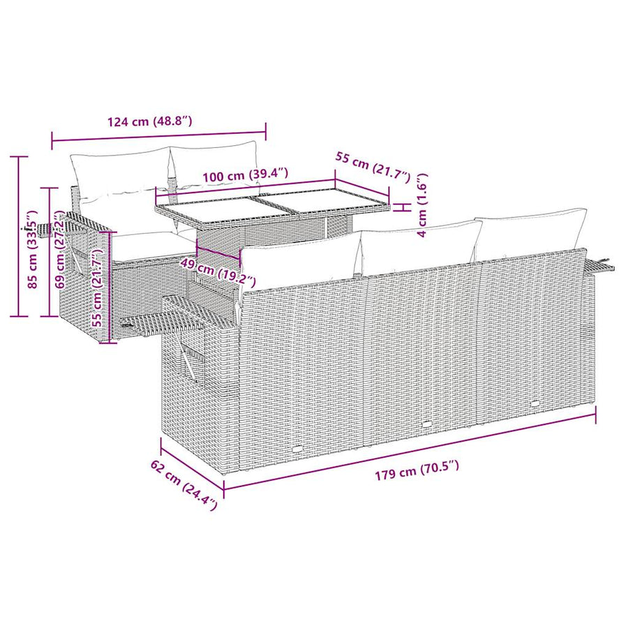 6-delige Loungeset met kussens poly rattan zwart